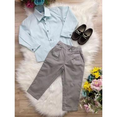 Imagem de Conjunto Social Infantil Camisa Verde e Calça Sarja Cinza - Fabuloso A