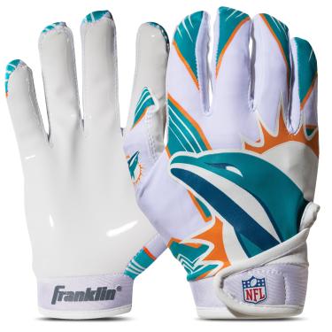 Imagem de Franklin Sports Miami Dolphins – Luvas receptoras de futebol americano NFL – Luvas receptoras para crianças – logotipos da equipe NFL e palma de silicone – Par juvenil P/PP