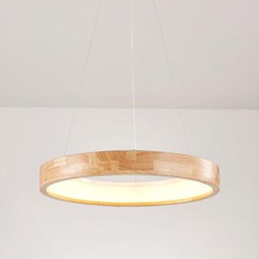 Imagem de Lustre de anel de madeira, 19,7" (49 cm), luminária pendente redonda para mesa de jantar, luminária pendente de teto LED, luminária pendente para ilha de cozinha, 48 W, 3 modos de cor, lustr