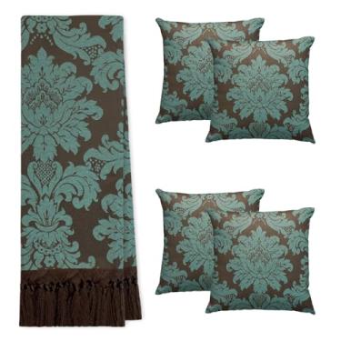 Imagem de Kit Manta Xale Para Sofá E Cama Cores Com 4 Capas de Almofada (2,80 X 3,00,225 TURQUESA/MARROM)