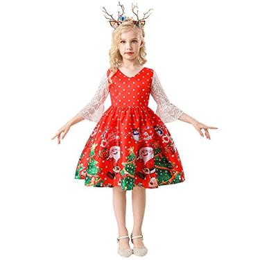 Imagem de MYRISAM Fantasia de Natal para meninas, vestido de Natal, Papai Noel, boneco de neve, elfo, estampado, roupas de festa de véspera de Natal com tiara de rena vermelha 4-5T