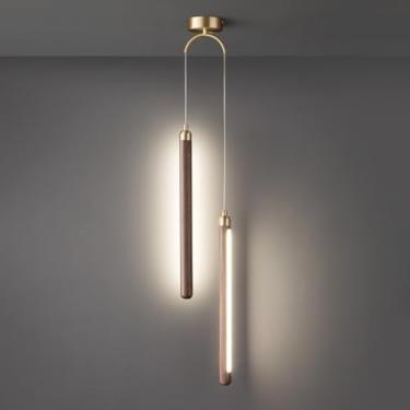 Imagem de Luminária pendente LED em nogueira, luminária linear suspensa, lustre de latão, luminária de teto, luminária pendente em nogueira preta, decoração de cabeceira para sala de estar, quarto