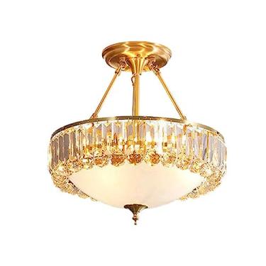 Imagem de Lustre de cristal K9 redondo moderno, luminária de teto com pingente de ferro e vidro, luminária semi-embutida para sala de estar, corredor e sala de jantar, dourado, 35 cm