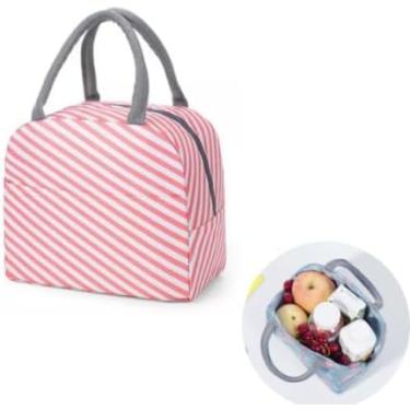 Imagem de Bolsa Marmita Térmica Estampada – Compacta com Alça e Bolso Lateral, Ideal para Trabalho, Faculdade e Academia (Listrado Rosa)