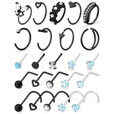 Imagem de Oicctyzio Piercing de nariz de 20 g, piercing de argola hipoalergênico, multicolorido, aço cirúrgico para mulheres e homens, Metal, Zircônia cúbica