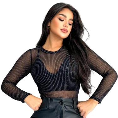 Imagem de Blusa Tule Body Renda, Onça, Preta Brilho Lurex Sexy Slim Festa Balada