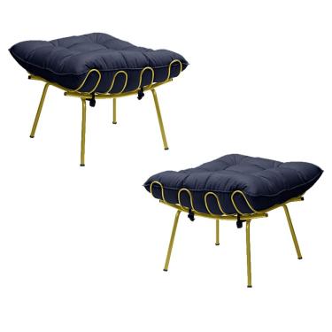 Imagem de Kit 2 Puff Decorativo Sala de Estar Abel Pés Dourado Veludo Azul - Gran Belo
