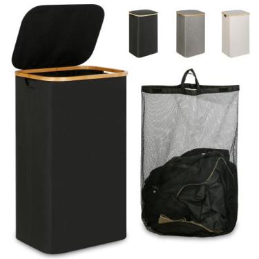 Imagem de Cesto de roupa suja iEgrow 110L com tampa, alça e bolsa removível pret