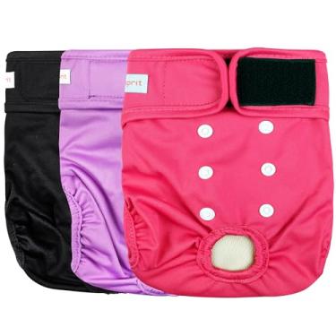 Imagem de Langsprit Fraldas laváveis para cães (pacote com 3) – Fraldas reutilizáveis sem vazamento para cães fêmeas no período – Calcinhas altamente absorventes com botões ajustáveis (preto, rosa, roxo, GG)