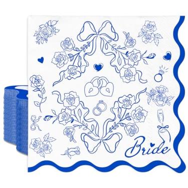 Imagem de FYSUIMU Guardanapo de papel de casamento guardanapo descartável almoço azul noiva laço flor sobremesa jantar recortada guardanapo de mão para chá de panela, 50 peças