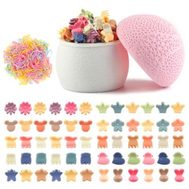 Imagem de 100 peças de mini grampos de cabelo, 10 formas de flores pequenas rosas com 200 faixas de borracha multicoloridas, presilhas de cabelo para crianças