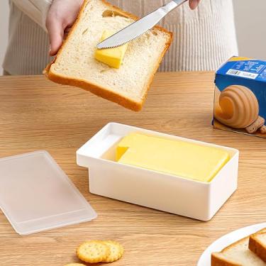 Imagem de Manteiga de 255 g com tampa para bancada e geladeira, bandeja de queijo com cortador e tampa, recipiente de manteiga em bastão para decoração de cozinha, alça de corte fácil, estilo moderno, branco