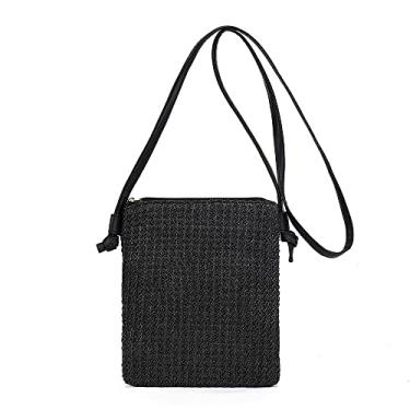 Imagem de Bolsa de praia de palha para mulheres, linda bolsa de palha de verão, bolsa tiracolo pequena de palha para férias, Preto