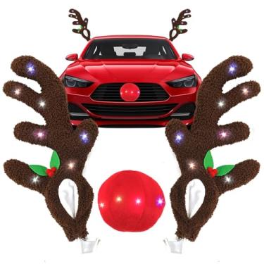 Imagem de Chifres e nariz de rena de Natal para carro com luzes multicoloridas, kit de carro de chifres de rena de Natal de LED, acessórios de decoração de Natal ao ar livre, decoração para veículos, caminhão