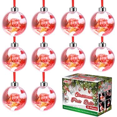 Imagem de Aneco 10 peças de enfeite de foto de acrílico transparente bola de Natal 80 mm enfeites de bola de foto pendurada com tampa prata e cordão vermelho para exibição de fotos, decoração de árvores de