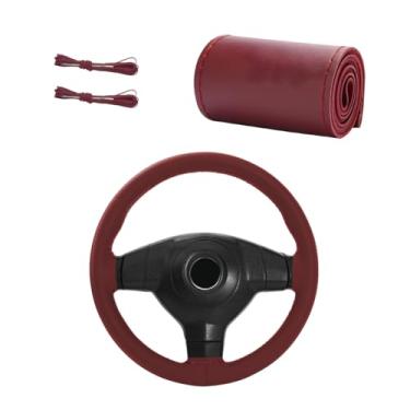Imagem de MTRPS Capa de volante de couro genuíno, costura faça você mesmo, envoltório de volante antiderrapante com linha de agulha, protetor de volante com costura de 38 cm para carro, caminhão, SUV (vinho