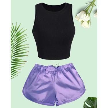 Imagem de Conjunto Feminino Cropped e Shorts Tactel Feminino Moda Praia Tamanho 