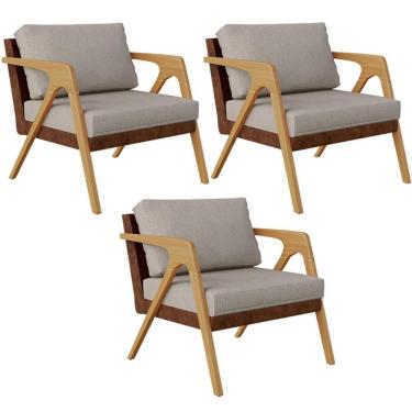 Imagem de Kit 03 Poltronas Pietra Couríssimo Marrom Linho Bege