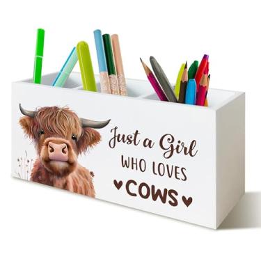 Imagem de YTRGI Porta-lápis Highland Cow para mesa, presentes de vaca Highland para mulheres, meninas, apenas uma menina que ama vacas, casa de fazenda, caixa de madeira, placa de bloco para casa, sala de aula
