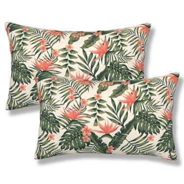 Imagem de ZYNTIRAX Capas de almofada de flores tropicais verde-escuras tropicais para almofada lombar 30 x 50 cm, conjunto de 2 palmeiras e flores de verão, fronhas retangulares para sofá de cama