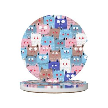 Imagem de Porta-copos fofos de gatos coloridos para porta-copos, 2 porta-copos de carro para carro, porta-copos de carro absorvente de cerâmica com entalhe de dedo e base de cortiça, acessórios de interior de