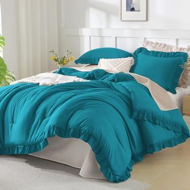 Imagem de Andency Jogo de cama king extragrande 128 x 120, 3 peças turquesa com babados gasto chique, conjunto de cama para mulheres, leve, fofo, super king, plus size para meninas