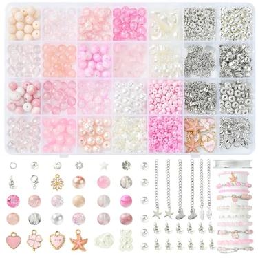 Imagem de MakemadeDIY 865 peças de contas de pérolas de vidro rosa e plástico para fazer joias, kit de fabricação de pulseiras de cristal com contas de sementes e pingentes de formas mistas para colares