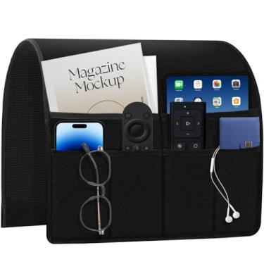 Imagem de HAPLIFEZ Suporte remoto para poltrona reclinável e sofá, organizador de apoio de braço antiderrapante com 6 bolsos, armazenamento de tecido de linho grosso para tablet, telefone, 48 x 89 cm, preto