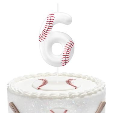 Imagem de Velas de aniversário de beisebol número 6, topo de bolo com tema de beisebol para meninos e meninas, decorações de bolo para aniversários, suprimentos de festa com tema esportivo, velas para