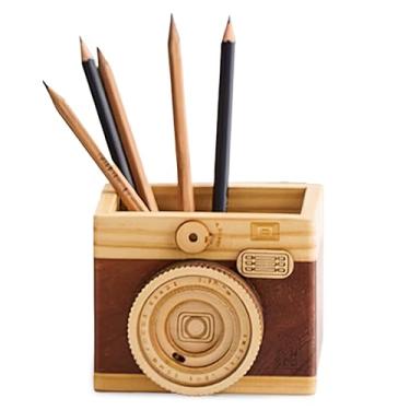Imagem de Milnnie Porta-lápis de câmera de madeira vintage – Organizador retrô de mesa para canetas e artigos de papelaria, presente fotográfico exclusivo para fotógrafos, suporte criativo de madeira para