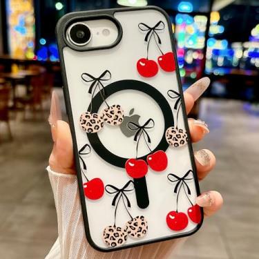 Imagem de HYUEKOKO Capa magnética para iPhone 16e [compatível com MagSafe] Linda estampa de leopardo com laço de cereja para mulheres, capa protetora à prova de choque translúcida preta