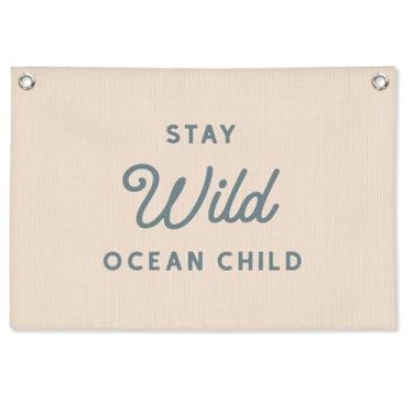 Imagem de STHTTSW Decoração de parede de berçário, faixa de lona de linho costeiro infantil Stay Wild Ocean, decoração de berçário, bandeira pendurada para quarto de crianças, sala de jogos, decoração de parede