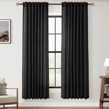 Imagem de Jolilight Cortinas pretas de linho com 183 cm de comprimento para quarto, filtro de luz traseira, privacidade, cortinas pretas semitransparentes, sala de estar, boho, rústico, casa de fazenda, algodão