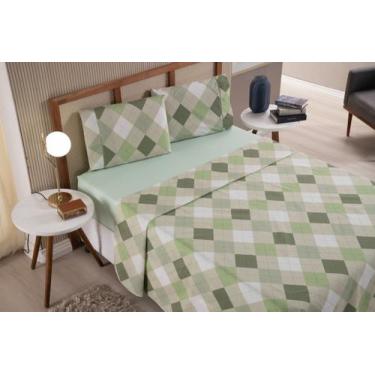 Imagem de Jogo de Lençol Casal Queen 3 Peças Losango Verde Roupa de Cama Percal 