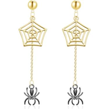 Imagem de unixmoment Brincos pendentes de teia de aranha com strass cintilante assimétrico de cristal longo corrente gótica aranha cosplay brincos de gancho para mulheres, Large, Metal, Sem pedra preciosa