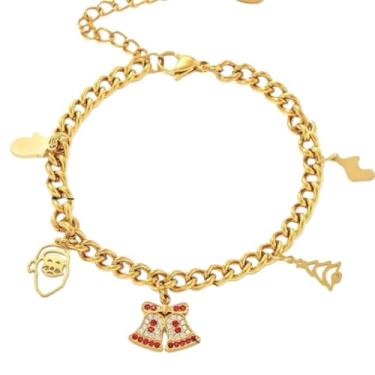 Imagem de Pulseira feminina de sino de Natal, corrente ajustável em tom dourado com pingentes e laço de férias, presente de joia festiva para festa de Natal, troca de presente de feriado