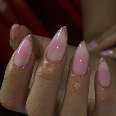 Imagem de Pregos postiços de amêndoa média, ombré, rosa, branco, com purpurina simples, cobertura total, cola acrílica falsa nas unhas, 24 peças