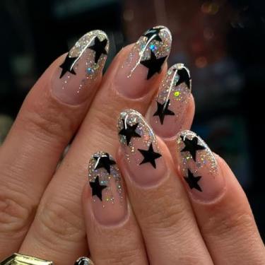 Imagem de 24 peças de unhas postiças de amêndoa, design de linha francesa, prensas, pontas de unhas de acrílico, cola nas unhas, para mulheres, manicure