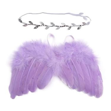 Imagem de Qiansail Fantasia de asa de anjo de fada para bebês recém-nascidos com asa de penas de princesa com faixa de cabeça branca adereços de fotografia para aniversário (roxo claro)