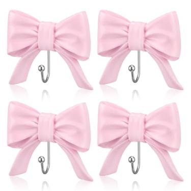 Imagem de Fiwochic 4 peças de gancho de parede com laço rosa coquete laço de resina nó gancho de porta decorativo bonito gancho de toalha para roupas, casaco, chapéu, bolsa, toalha, multiuso, banheiro, cozinha