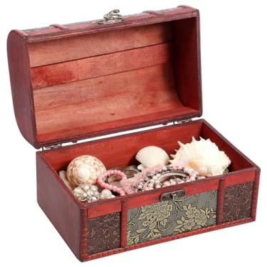 Imagem de Baú de tesouro vintage, caixa de lembrança antiga de madeira com fecho de fivela, organizador de armazenamento de joias para armazenar joias e pérolas de tesouro