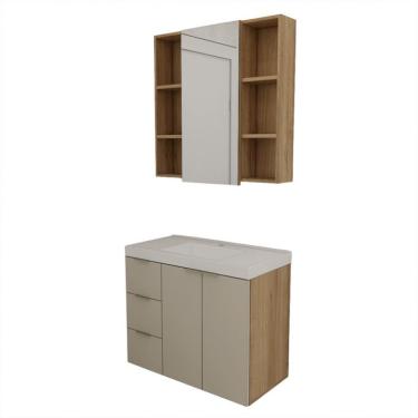 Imagem de Conjunto de Gabinete e Armário de Banheiro com Espelho Vittare III 3 Portas 3 Gavetas Carvalho e Branco