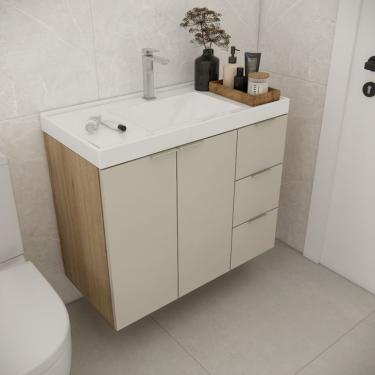 Imagem de Gabinete de Banheiro Vittare 2 Portas 3 Gavetas Carvalho e Branco