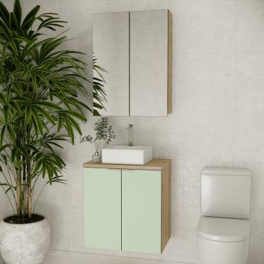 Imagem de Conjunto de Gabinete e Armário de Banheiro com Espelho Nature 4 Portas Carvalho e Verde 60 cm