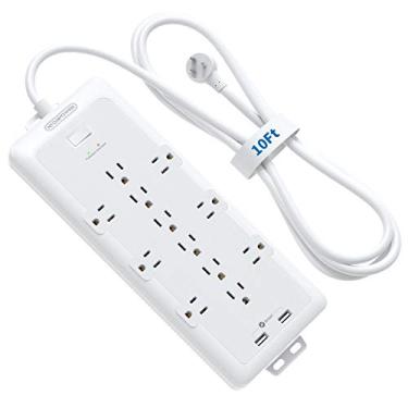 Imagem de 4000 Joules Surge Protector Power Strip, 12 Widely Spaced AC Outlets, Overload Protection, (1875W/15A) Heavy Duty Extension Cord 10 ft, Wall Mount, ETL Listed, Ideal for Home, Dorm Essentials, White