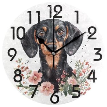 Imagem de ZzWwR Relógio de parede redondo bonito de 25 cm, lindo dachshund em aquarela em flores, operado por bateria, analógico, silencioso, sem tique-taque, relógio de mesa, decoração para casa/cozinha/sala