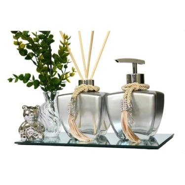 Imagem de Kit Lavabo Banheiro Vidro Estrela 280ml Luxo Completo com Bandeja London e Difusor(Degrade Prata Ursinho)