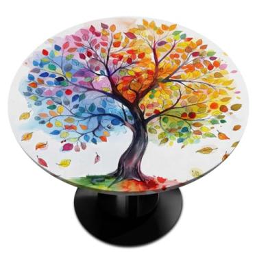 Imagem de hongjinglin Toalha de mesa redonda com borda elástica árvore de outono colorida toalha de mesa redonda limpa para decoração de cozinha de 114 a 142 cm