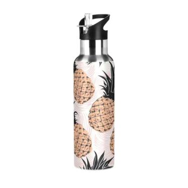 Imagem de Blueangle Garrafa de água de aço inoxidável com padrão de abacaxi de 590 ml - Garrafa esportiva de metal isolada à prova de vazamento para academia, acampamento, fitness ao ar livre e viagens (788)