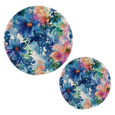 Imagem de Blueangle 2 peças de suporte de panela com padrão de flores em aquarela - conjunto de pegadores de panela de tecido redondo - almofadas quentes trançadas de algodão - porta-copos - tapetes de mesa